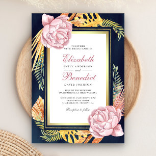 Invitation Rose Poussiéreuse Floral Or Palmier Séché Mariage