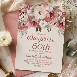 Invitation Rose Poussiéreuse Rouge Crème Surprise Florale 60è