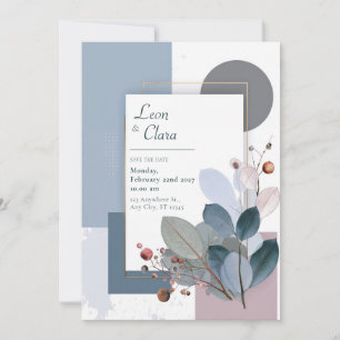 Invitation Rose Poussiéreux Bleu Ardoise Géométrique Feuille 