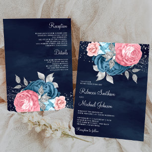 Invitation Rose Poussiéreux Bleu Floral Combinaison Navy Mari