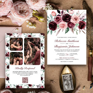 Invitation Rose Poussiéreux Bourgogne Floral Code QR Mariage