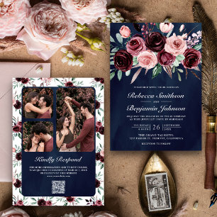 Invitation Rose Poussiéreux Bourgogne Floral Code QR Nuit de 