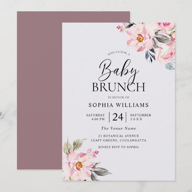 Invitation Rose poussiéreux Floral Blush Baby shower rose Bru (Devant / Derrière)