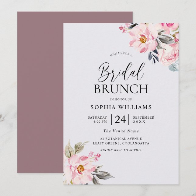 Invitation Rose poussiéreux Floral Blush Fête des mariées ros (Devant / Derrière)