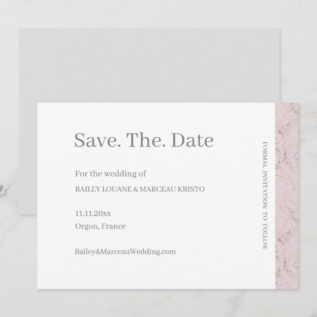 Invitation Rose Poussiéreux Gris Blanc Marbre Économisez La D (Devant / Derrière)