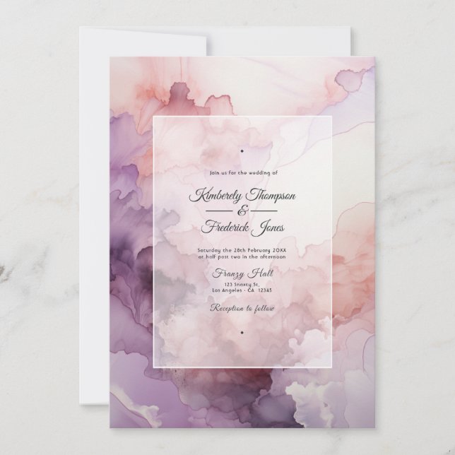 Invitation Rose poussiéreux, lavande et Mariage d'encre d'arg (Devant)
