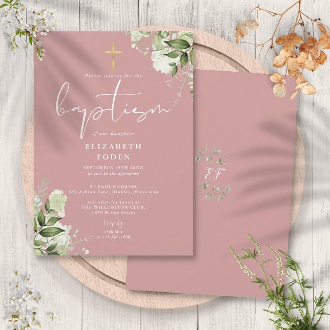 Invitation Rose Poussiéreux Monogramme Floral de la végétatio (Dusty Rose Pink Greenery Floral Monogram Baptism Invitation)