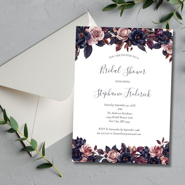 Invitation Rose profond pourpre Dusty Moody Florals Fête des  (Deep Floral Dusty Rose Moody Watercolor Florals Bridal Shower Invitation)