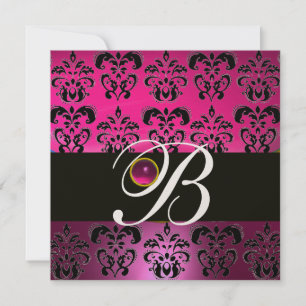 Invitation ROSE PURPLE BLACK DAMASK MONOGRAM Amethyst Fuchsia