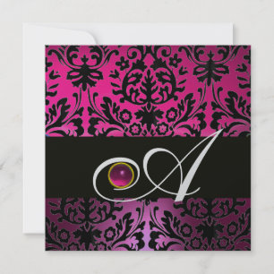Invitation ROSE PURPLE BLACK DAMASK MONOGRAM Amethyst Fuchsia