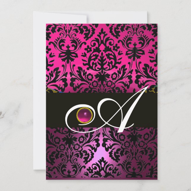 Invitation ROSE PURPLE BLACK DAMASK MONOGRAM Amethyst Fuchsia (Devant)