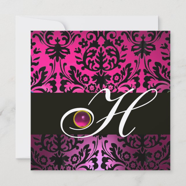 Invitation ROSE PURPLE BLACK DAMASK MONOGRAM Amethyst Fuchsia (Devant)