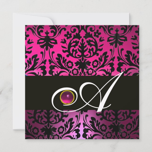 Invitation ROSE PURPLE BLACK DAMASK MONOGRAM Amethyst Fuchsia (Devant)
