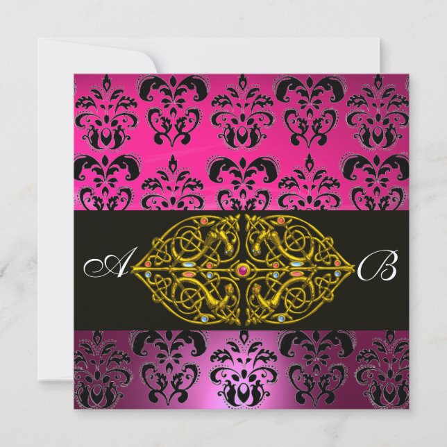 Invitation ROSE PURPLE NOIR DAMASK MONOGRAM, fuchsia, or (Devant)