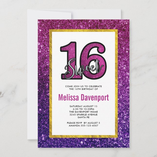 Invitation Rose & Purple Sweet 16 Parties scintillant étincel (Devant)