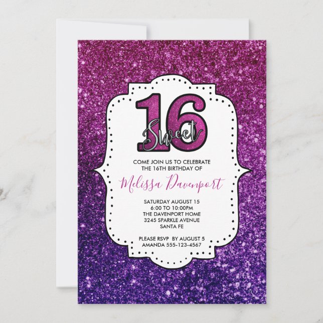 Invitation Rose & Purple Sweet 16 Parties scintillant étincel (Devant)