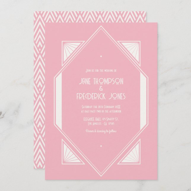 Invitation Rose Quartz & Soft Ivory Art Deco Wedding Photo (Devant / Derrière)
