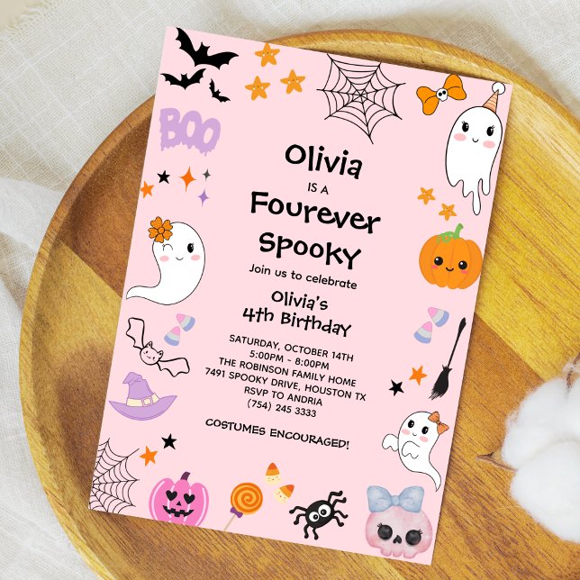 Invitation Rose Quatre jamais Éffrayant Fantôme Halloween 4e  (Pink Four Ever Spooky Cute Ghost Girl Halloween 4th Birthday Invitation )