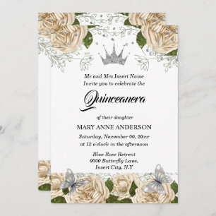 Invitation Rose quinceanera beige argent tiare