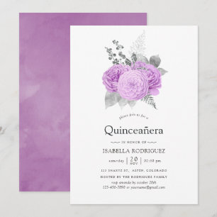 Invitation Rose Quinceañera vintage violet pastel et argent