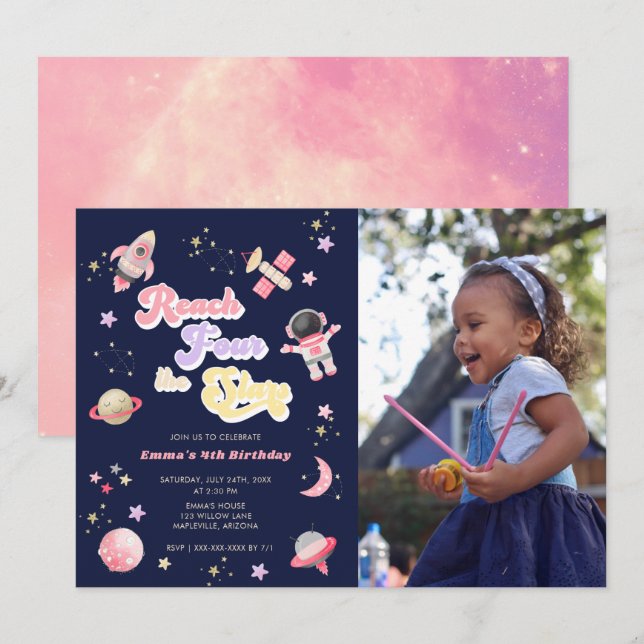 Invitation Rose Reach Quatre étoiles 4e anniversaire (Devant / Derrière)
