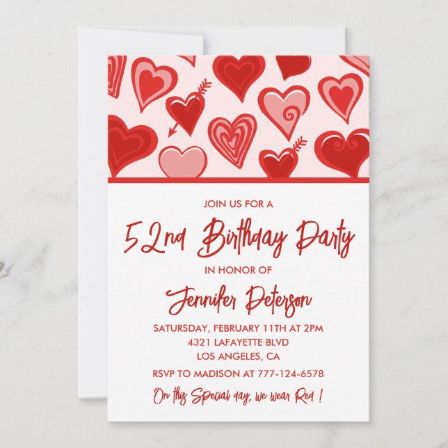 Invitation Rose Red Hearts Motif Simple 52e anniversaire (Devant)