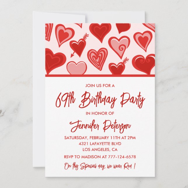 Invitation Rose Red Hearts Motif Simple 69e anniversaire (Devant)