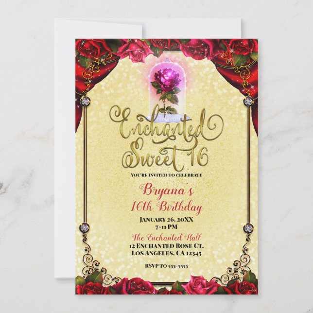 Invitation Rose Reds Jaune & Or Sweet 16 16ème Partie (Devant)