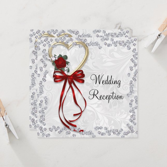 Invitation Rose romantique, Diamants et Mariage de ruban roug (Devant/Arrière en situation)