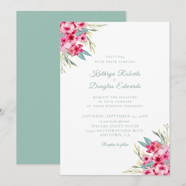 Invitation Rose romantique et Turquoise aquarelle Mariage flo (Devant / Derrière)