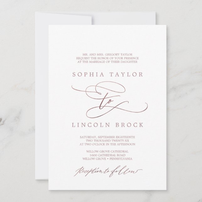 Invitation Rose romantique Gold Calligraphie Mariage officiel (Devant)