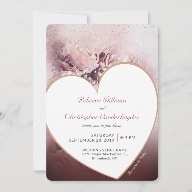 Invitation Rose romantique Gold Heart Mariage à thème (Devant)