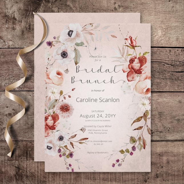 Invitation Rose romantique rose Floral Bridal Brunch (Romantic Rose Pink Floral Bridal Brunch Invitation)