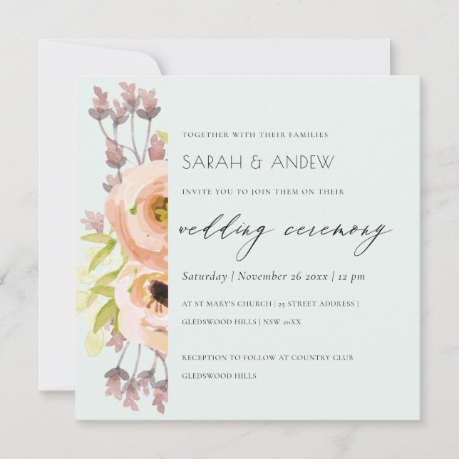 INVITATION ROSE ROMANTIQUE, VIOLET, MARIAGE DE SCRIPT FLORAL  (Devant)