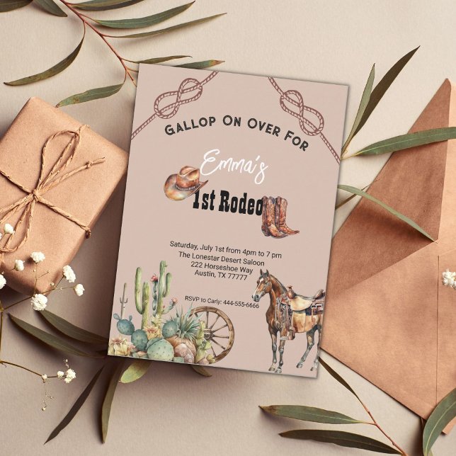 Invitation Rose rose 1er Rodéo Cowgirl Anniversaire (Créateur téléchargé)