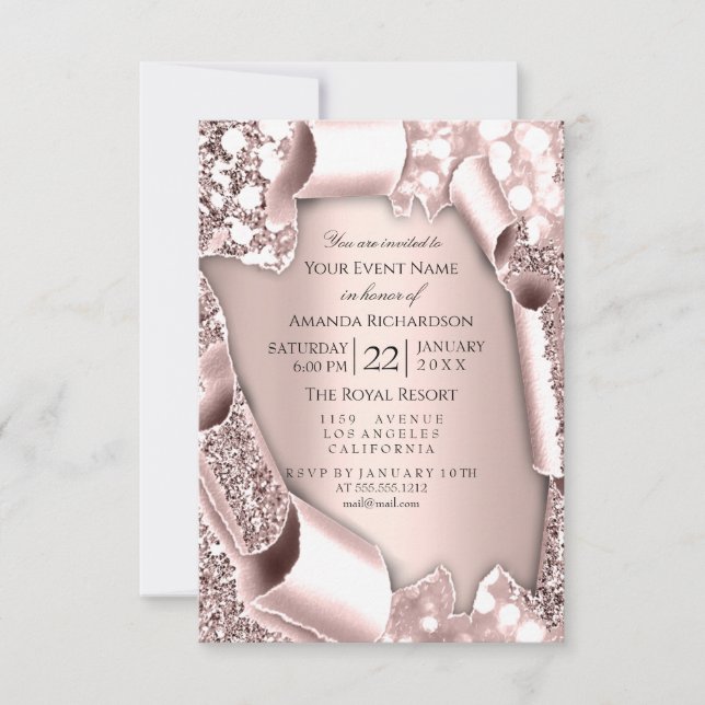 Invitation Rose rose 3D effet paillettes Cadre Initiales  (Devant)