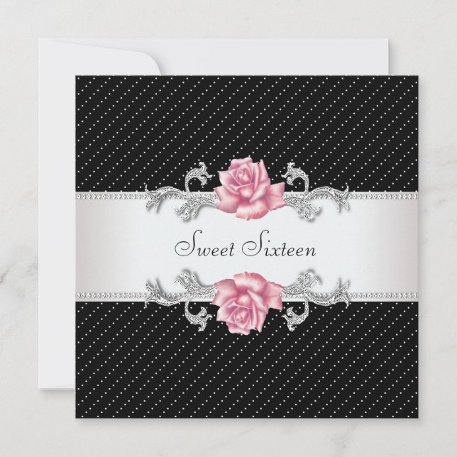 Invitation Rose Rose Black Sweet16 Anniversaire (Devant)