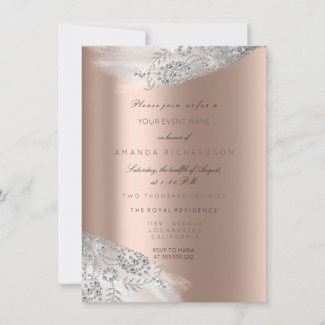 Invitation Rose Rose Blanc 16e Mariage Argent Gris (Devant)