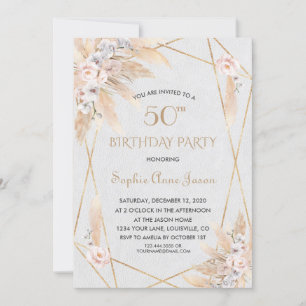 Invitation Rose rose blanc Orchidée Pampas Herbe 50e annivers