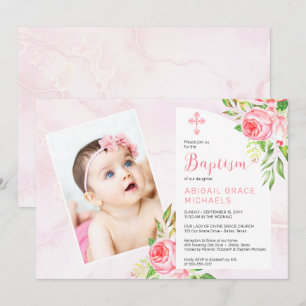 Invitation Rose Rose Blooms Fille Bébé Photo Baptême