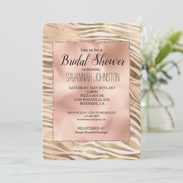 Invitation Rose Rose Blush Gold Zebra Fête des mariées animal (Debout devant)