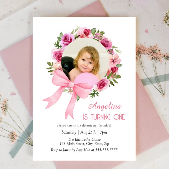 Invitation Rose rose Bow Floral Wreath Photo Anniversaire (Créateur téléchargé)