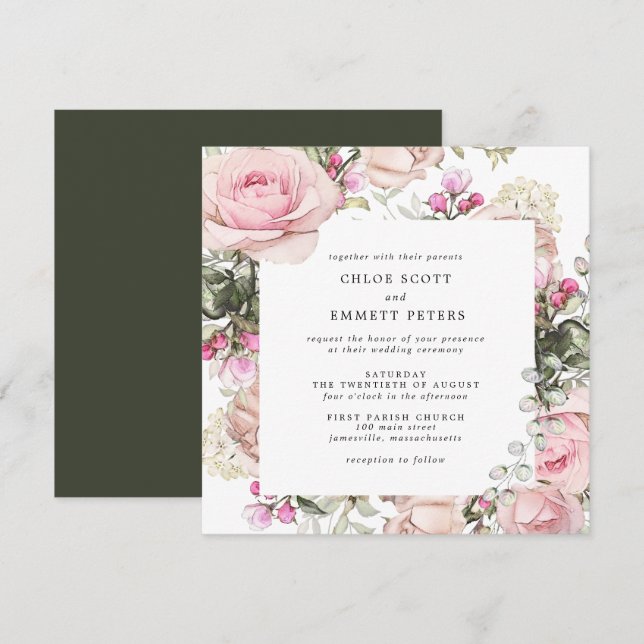 Invitation Rose rose Carré Mariage (Devant / Derrière)