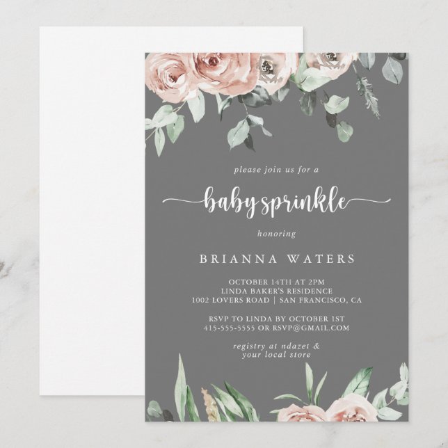 Invitation Rose rose classique Floral Gris bébé saupoudré (Devant / Derrière)