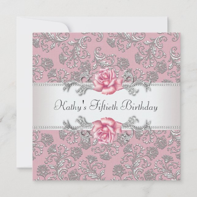 Invitation Rose rose Damask femmes fête d'anniversaire (Devant)