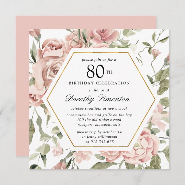 Invitation Rose rose Dusty Floral 80e anniversaire (Devant / Derrière)