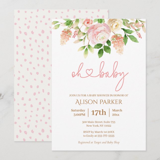 Invitation Rose rose élégant Baby shower floral fille (Devant / Derrière)