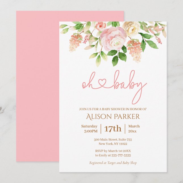 Invitation Rose rose élégant Baby shower floral fille (Devant / Derrière)