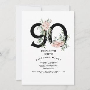Invitation Rose rose Elégante 90e fête d'anniversaire blanche