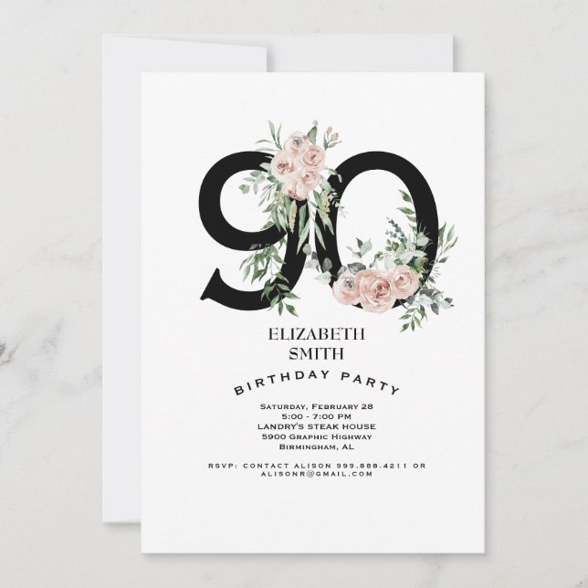 Invitation Rose rose Elégante 90e fête d'anniversaire blanche (Devant)